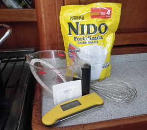 Preparing to make quark: thermopen,measuring cup, whisk, buttermilk starter, and Mido (milk powder).