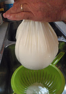 The corners of the butter muslin are gathered together and tied into a bag.