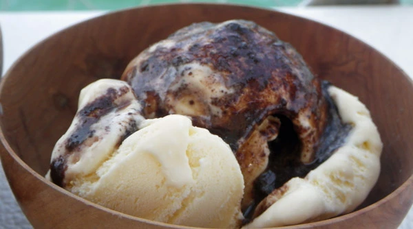 The grittiness of the drinking chocolate is evident over ice cream.