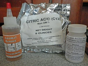 Cheesemaking ingredients needed for mozzarella making: rennet, citric acid, and lipase.