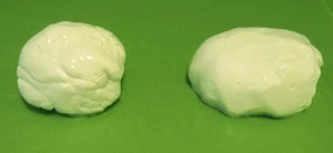 The dried milk cheese on the left has a tough, slightly rubbery texture, while the whole milk version on the right is soft and smooth.
